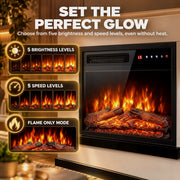 Flame effect graphic showing 5 brightness levels and 5 speed levels beside the fire