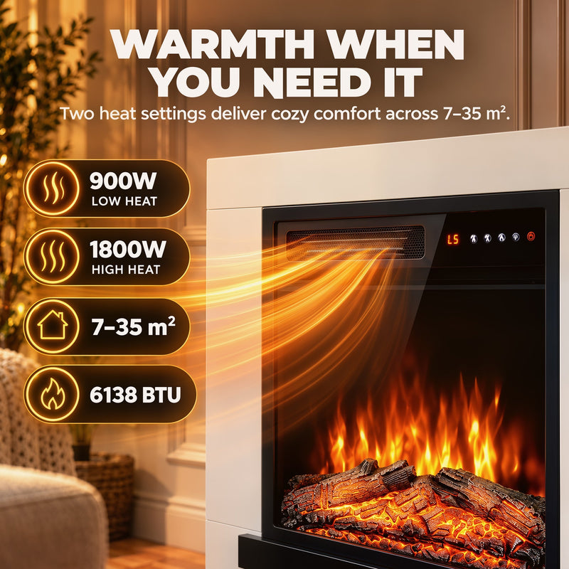 Heat settings graphic showing 900W low heat and 1800W high heat for spaces of 7–35 m²
