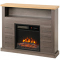 Grey wood-effect freestanding electric fireplace suite with light wood-effect top, open shelf and LED log flames, studio shot