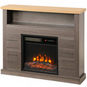 Grey wood-effect freestanding electric fireplace suite with light wood-effect top, open shelf and LED log flames, studio shot