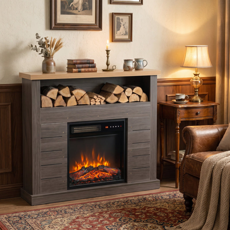 Grey fireplace suite in a traditional living room with logs stacked on the open shelf