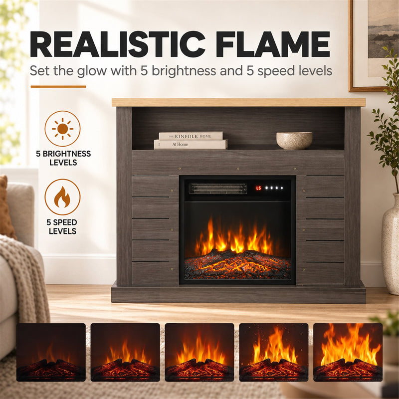 Realistic flame graphic showing 5 brightness levels and 5 speed levels beside the fireplace suite