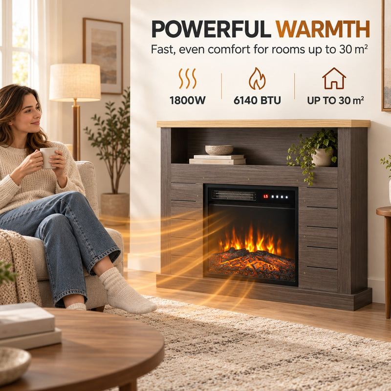 Powerful warmth graphic showing 1800W, 6140 BTU and coverage of up to 30 m² beside the fireplace suite
