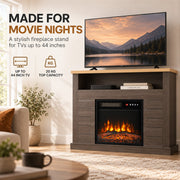Fireplace suite with a TV on top and callouts for TVs up to 44 inches and 20 kg top capacity