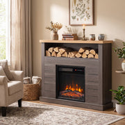 Fireplace suite in a living room beside an armchair and basket with logs on the open shelf