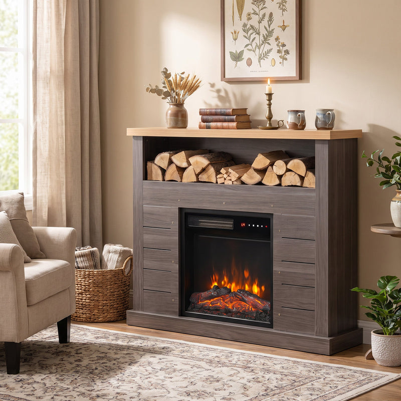 Fireplace suite in a living room beside an armchair and basket with logs on the open shelf