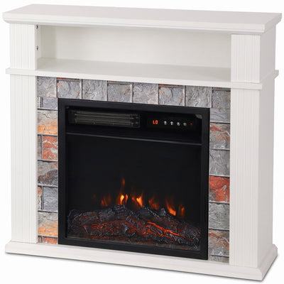 White freestanding electric fireplace suite with open shelf and stone-effect surround on a white background