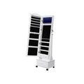 White jewellery armoire with the mirrored door open showing lit interior storage and a base drawer