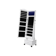 White jewellery armoire with the mirrored door open showing lit interior storage and a base drawer