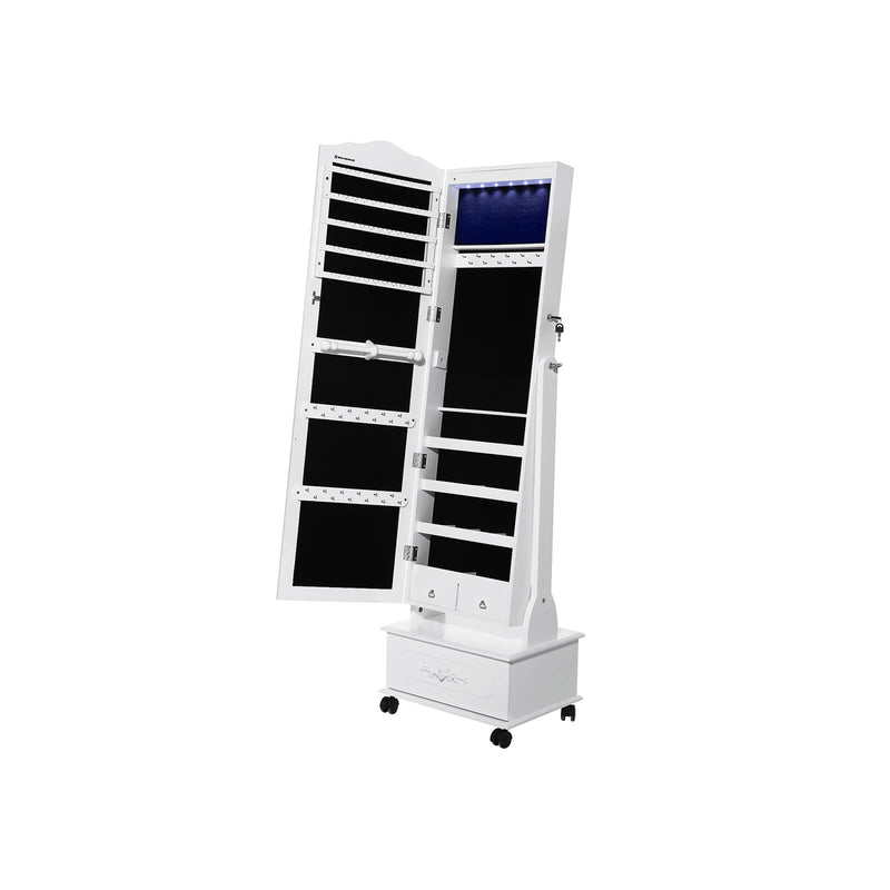 White jewellery armoire with the mirrored door open showing lit interior storage and a base drawer