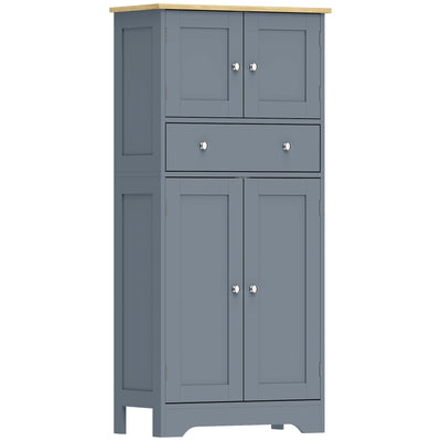 HOMCOM freestanding kitchen cupboard in grey blue with oak-effect top, doors closed