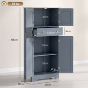 Dimensions diagram of the HOMCOM grey blue kitchen cupboard showing 60W x 30D x 128H cm with cabinet and drawer measurements