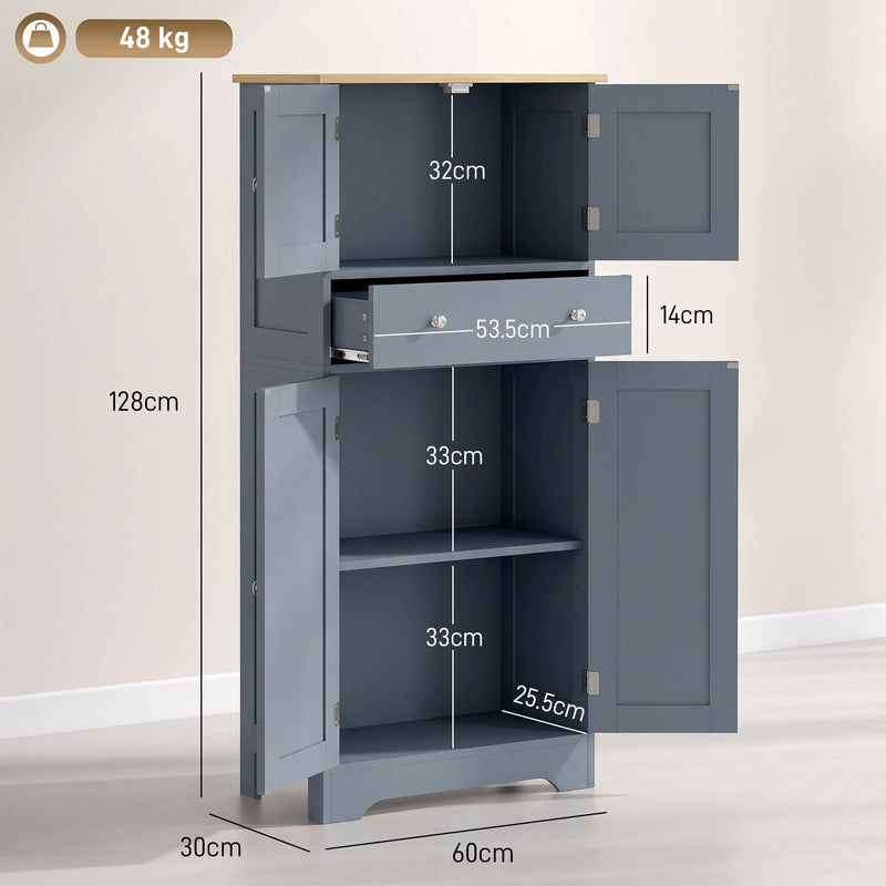 Dimensions diagram of the HOMCOM grey blue kitchen cupboard showing 60W x 30D x 128H cm with cabinet and drawer measurements