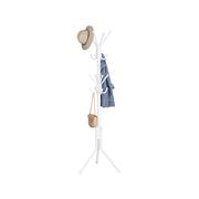 Freestanding metal coat rack with 16 hooks in Cloud White, hung with a hat, jacket and bag, by Songmics