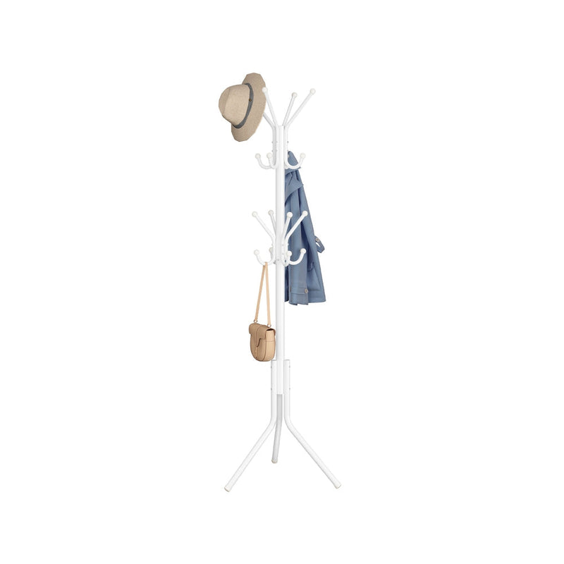 Freestanding metal coat rack with 16 hooks in Cloud White, hung with a hat, jacket and bag, by Songmics