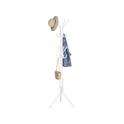 Freestanding metal coat rack with 16 hooks in Cloud White, hung with a hat, jacket and bag, by Songmics