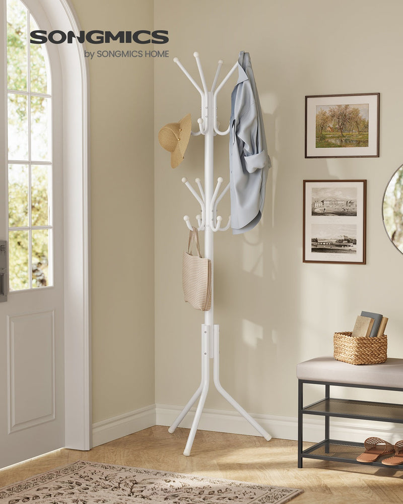 Cloud White Songmics coat rack styled in a hallway entryway with coats, a bag and a hat