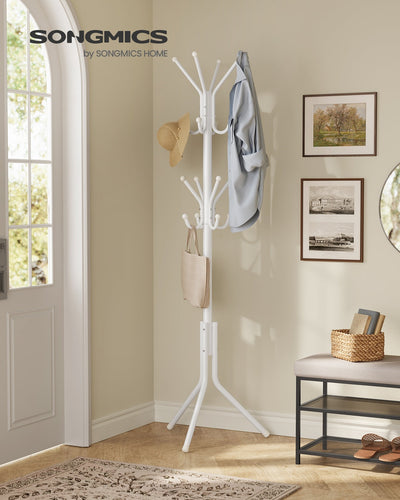 Cloud White Songmics coat rack styled in a hallway entryway with coats, a bag and a hat