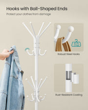 Ball-shaped hook ends and rust-resistant coating on the Songmics coat rack, rated to 3kg per hook