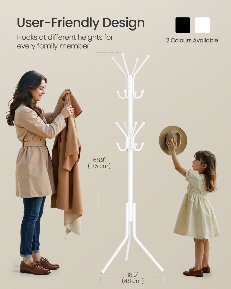 Coat rack dimensions diagram showing 175cm height and 48cm base width with hooks at 4 heights