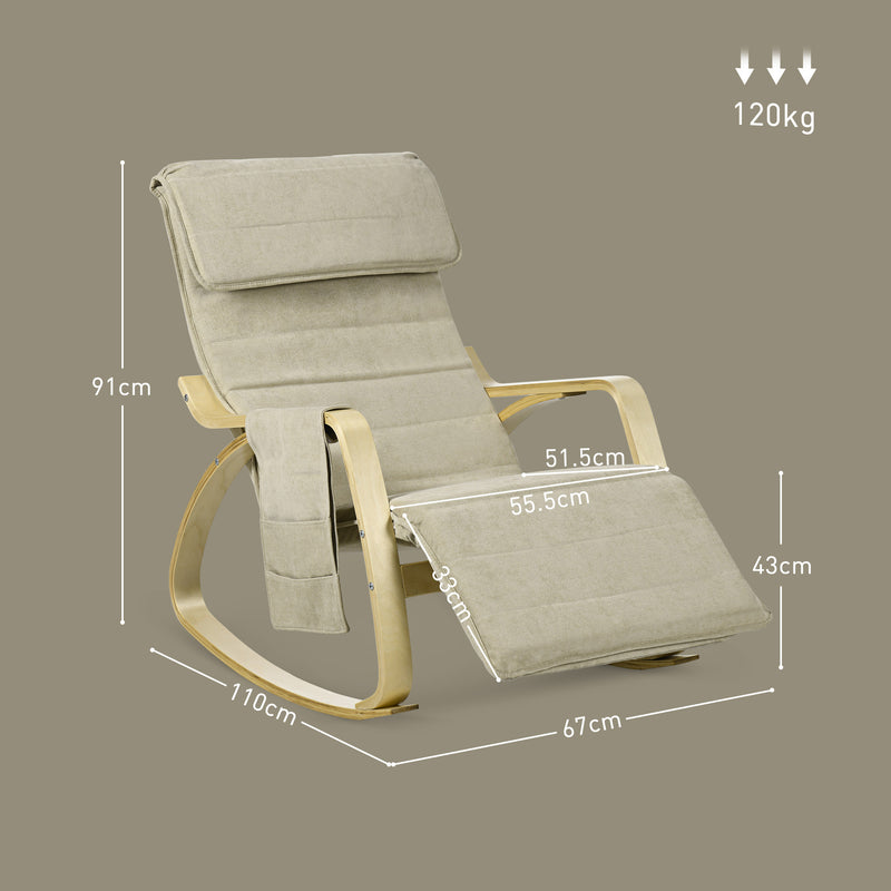 Rocking Recliner Lounge Chair with Adjustable Footrest and Side Pocket for Relaxing Khaki