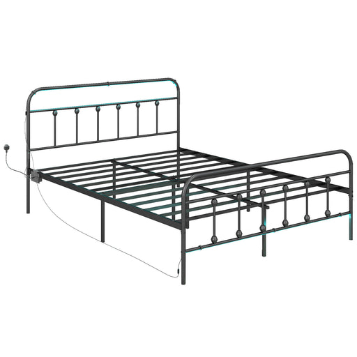 King Size Metal Bed Frame with LED Lights Charging Station and Under Bed Storage Black