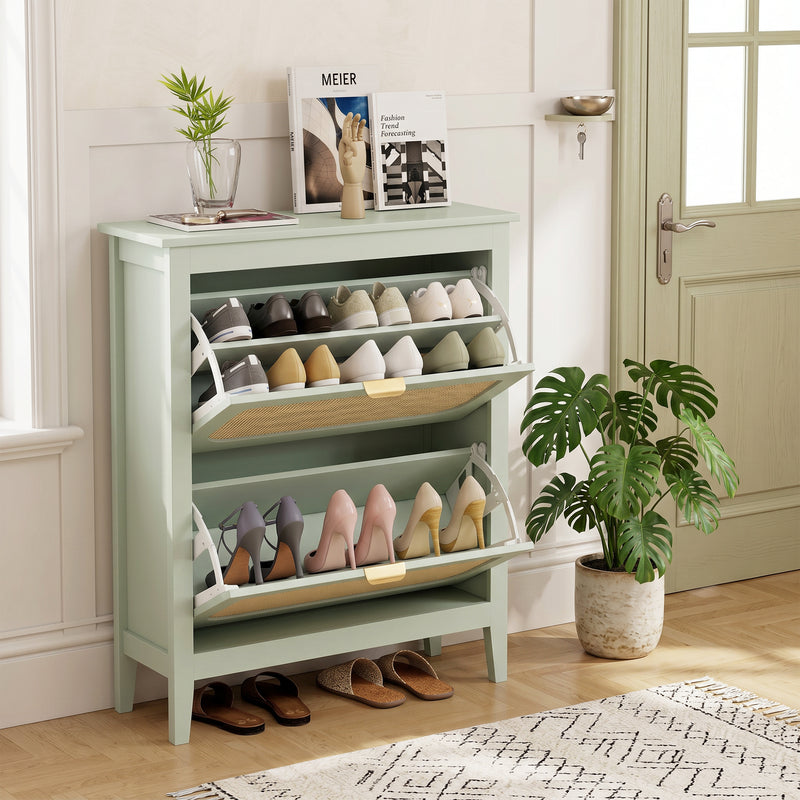 Shoe Storage Cabinet for Narrow Hallways with Flip Drawers and Adjustable Shelves Light Green