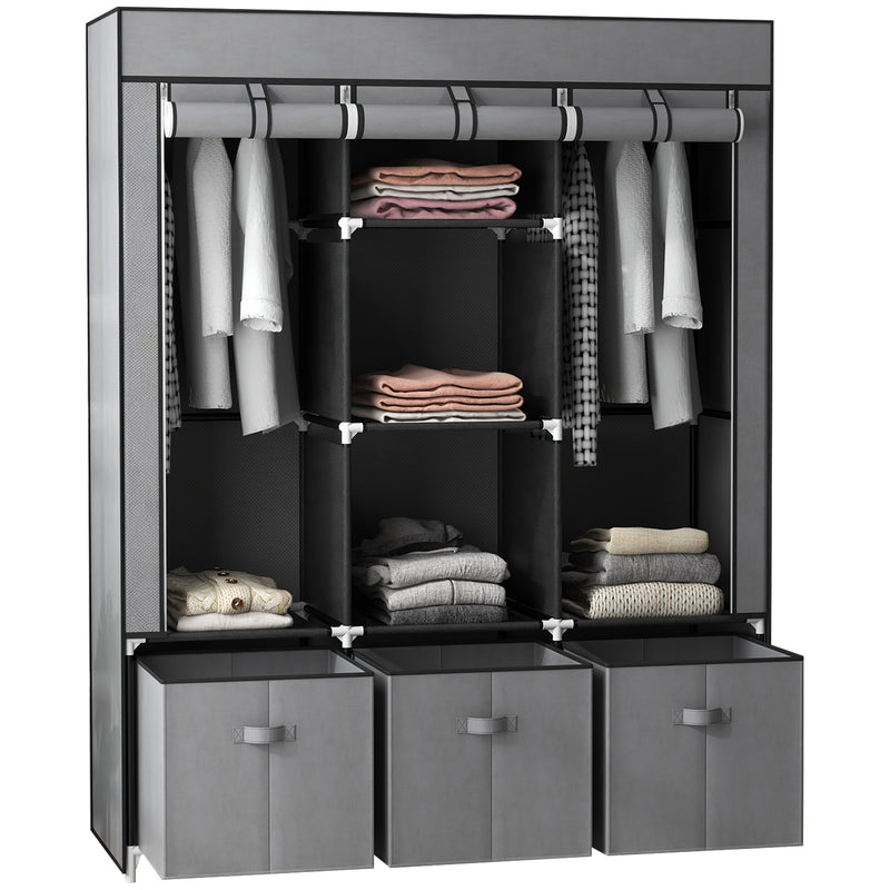 Portable Fabric Wardrobe with Shelves and Hanging Rails for Bedroom Storage Dark Grey