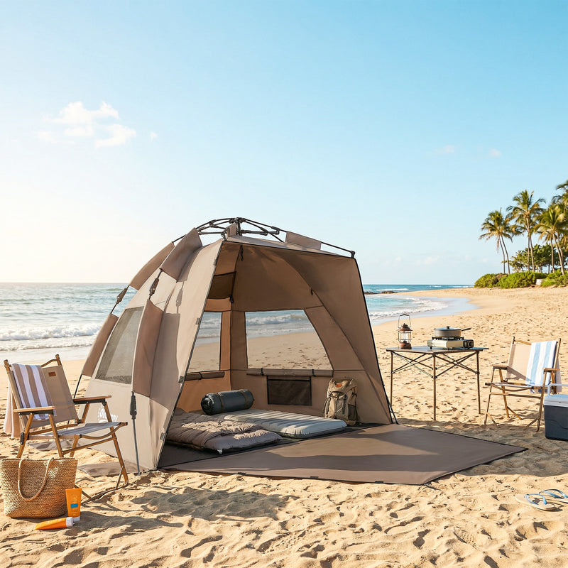 Pop Up Beach Tent for Quick Sun Shelter with Mesh Windows and Carry Bag Brown Outsunny