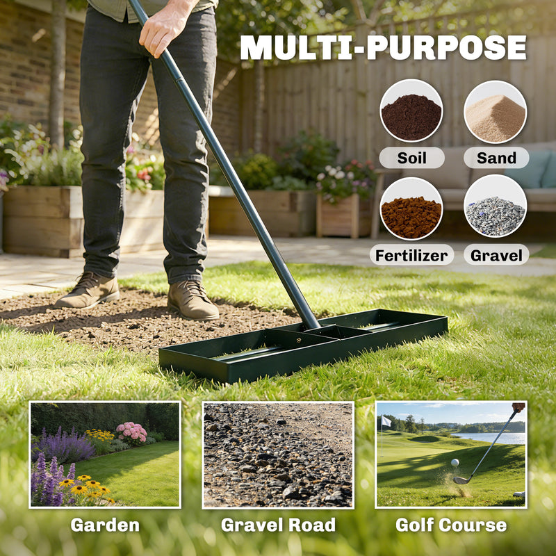 Lawn Levelling Rake for Smoothing Grass and Soil with Wide Head and Adjustable Handle Green