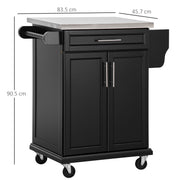 Black Wooden Kitchen Island Trolley With Stainless Steel Top And Storage Drawer On Wheels