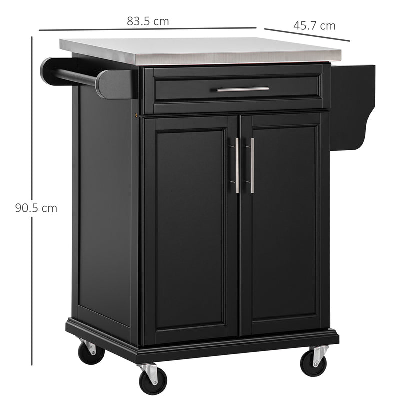 Black Wooden Kitchen Island Trolley With Stainless Steel Top And Storage Drawer On Wheels