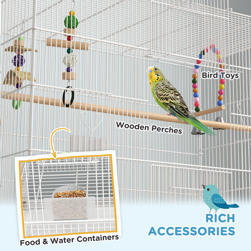 Tall Bird Cage with Stand and Toys for Canaries and Finches Ideal for Indoor Use, White