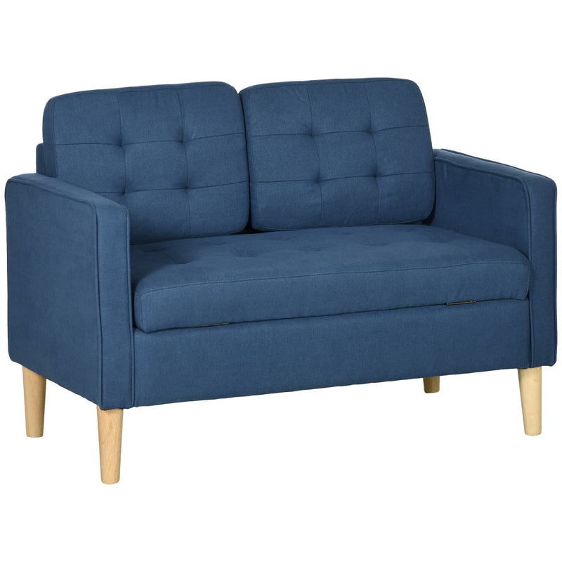 Compact 2 Seater Loveseat Sofa with Hidden Storage and Wood Legs for Small Spaces Blue
