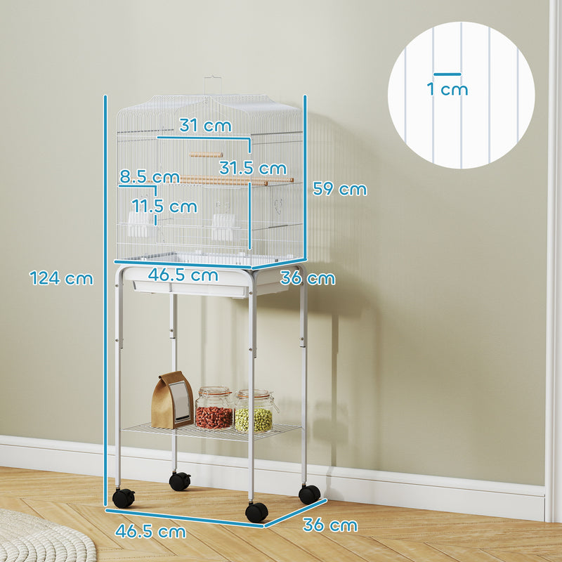 White Bird Cage with Stand and Storage for Budgies Canaries Finches Easy Clean Tray