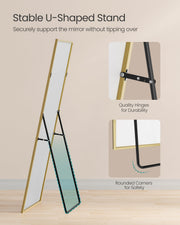 Close-up of the mirror's folding U-shaped metal stand, quality hinge joint and rounded foot for tip-resistant support.