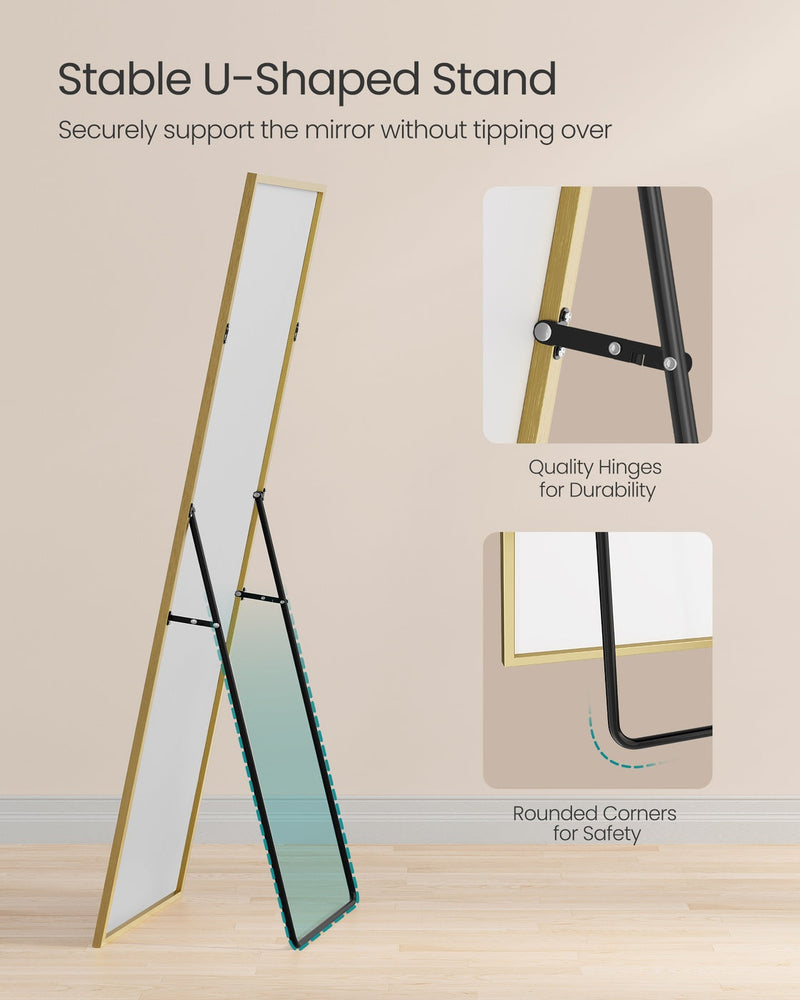 Close-up of the mirror's folding U-shaped metal stand, quality hinge joint and rounded foot for tip-resistant support.