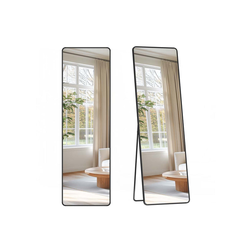 Two views of the black full-length mirror, one flat for wall mounting and one leaning on its fold-out stand