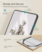 Close-up of the aluminium alloy frame showing 1.4 cm frame width and 0.6 cm glass, above the foam-wrapped carton