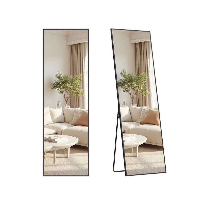 Matte black rectangular full length mirror shown from the front and from the side