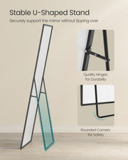 Close-up of the folding U-shaped stand with its hinges and rounded mirror corners