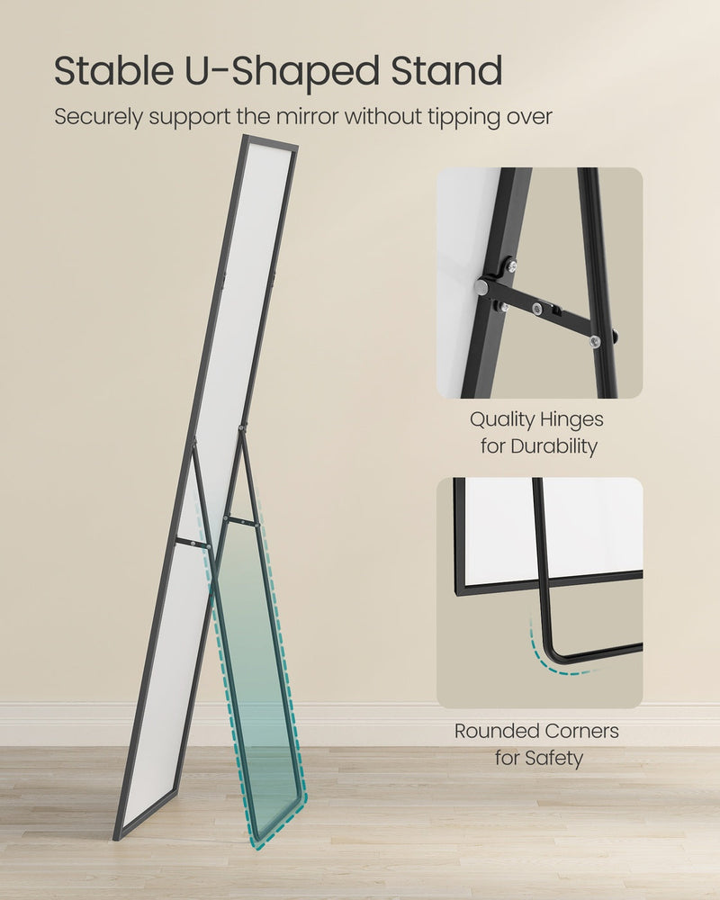 Close-up of the folding U-shaped stand with its hinges and rounded mirror corners