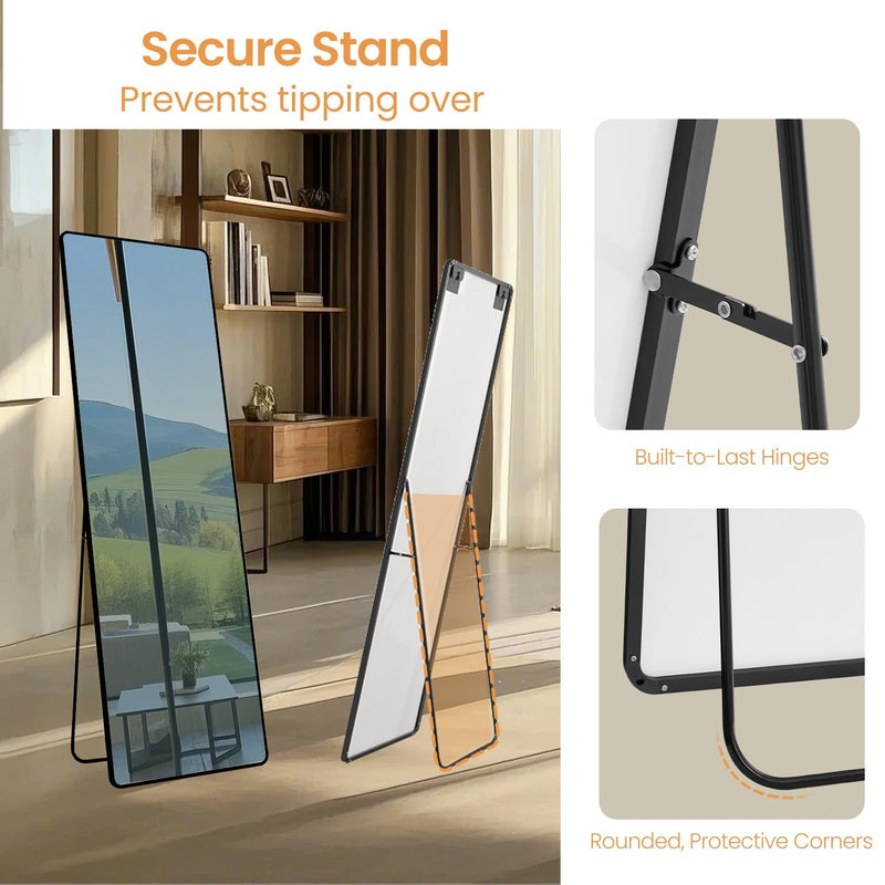 Close-up of the mirror stand hinge and rounded corner for tip-resistant stability