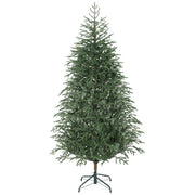 6ft green full spruce artificial Christmas tree on a green metal stand, studio shot