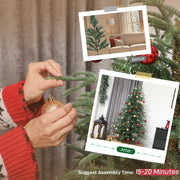 6ft Christmas tree assembly step showing hands shaping a branch with before and after photos