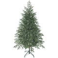 5ft green full spruce artificial Christmas tree on a green metal stand, studio shot