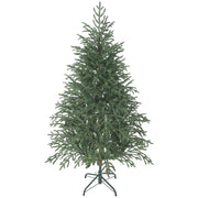 5ft green full spruce artificial Christmas tree on a green metal stand, studio shot
