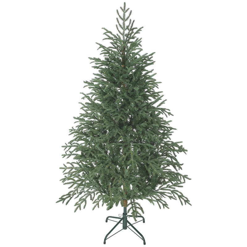 5ft green full spruce artificial Christmas tree on a green metal stand, studio shot