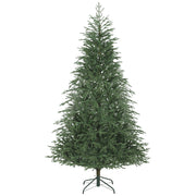7ft green full spruce artificial Christmas tree on a green metal stand, studio shot