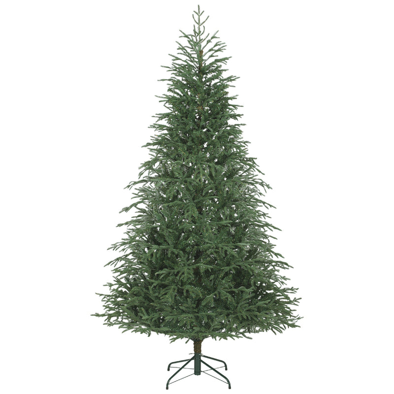 7ft green full spruce artificial Christmas tree on a green metal stand, studio shot